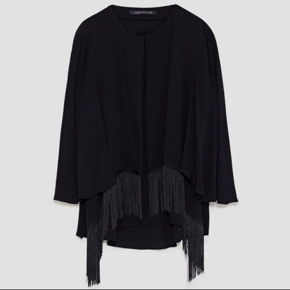 Zara black fringe blouse top with flared sleeves